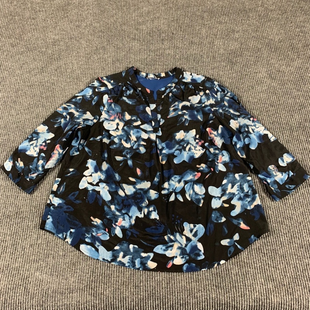 Dalia Collection Top Women's 1X Blue Floral AOP Blouse Pullover Lightweight Cute